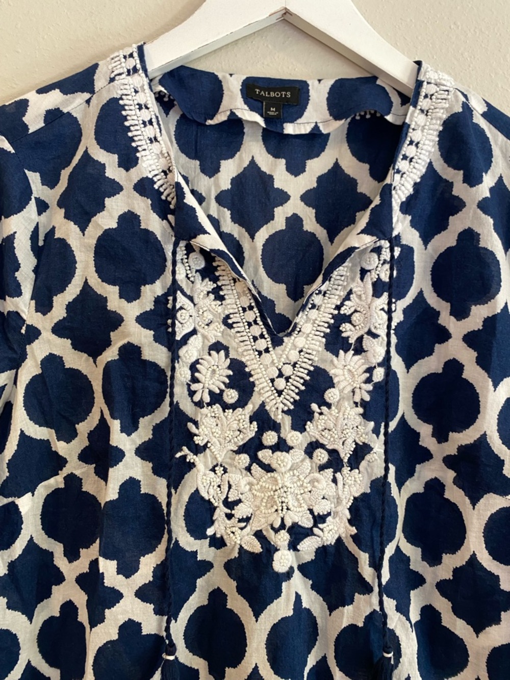 Talbots Navy White Lattice Embroidered Tunic Cotton Boho Peasant Top Size Medium - Picture 4 of 10